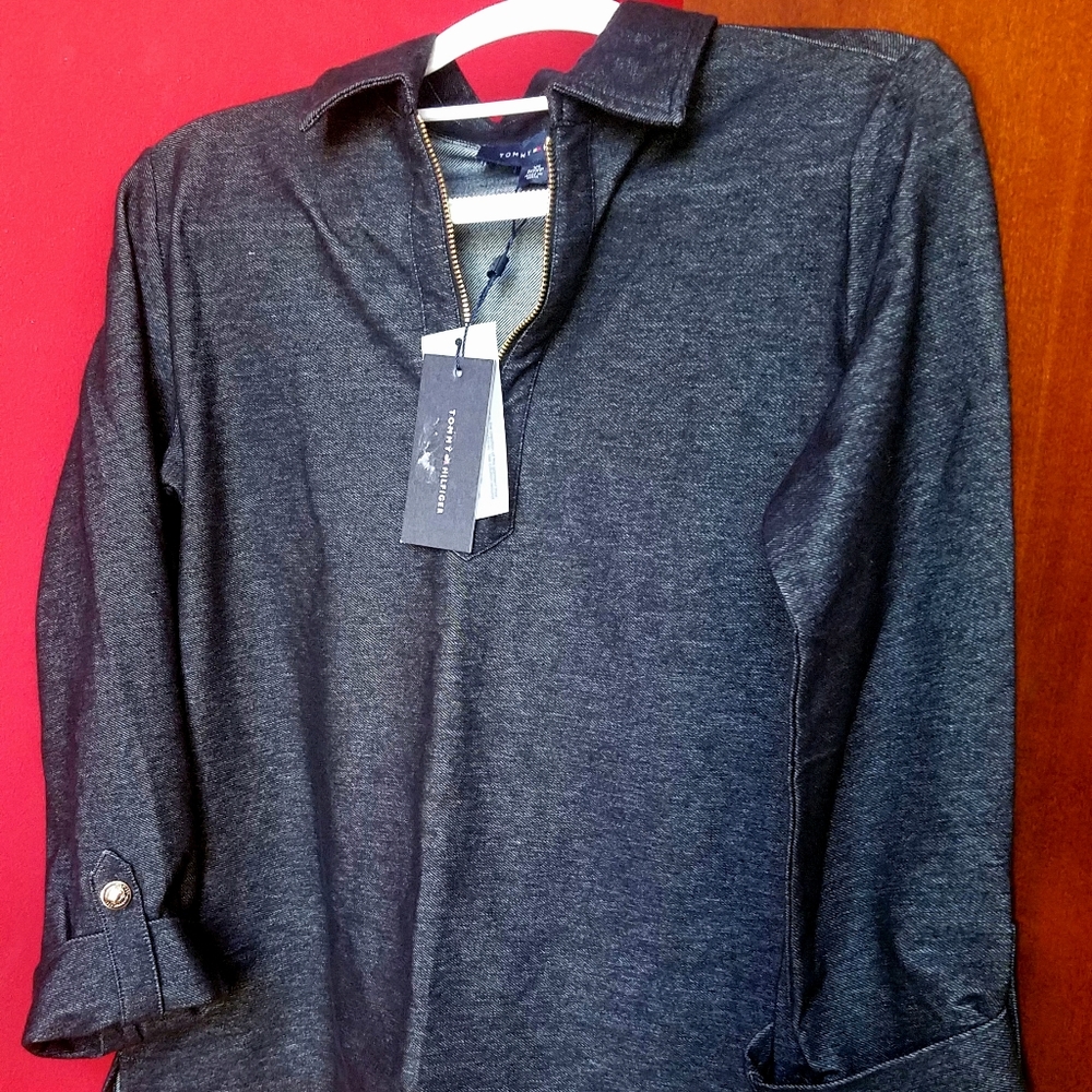 NWT Tommy Hilfiger 3/4 Sleeve Zip Up Soft jean color  Shirt